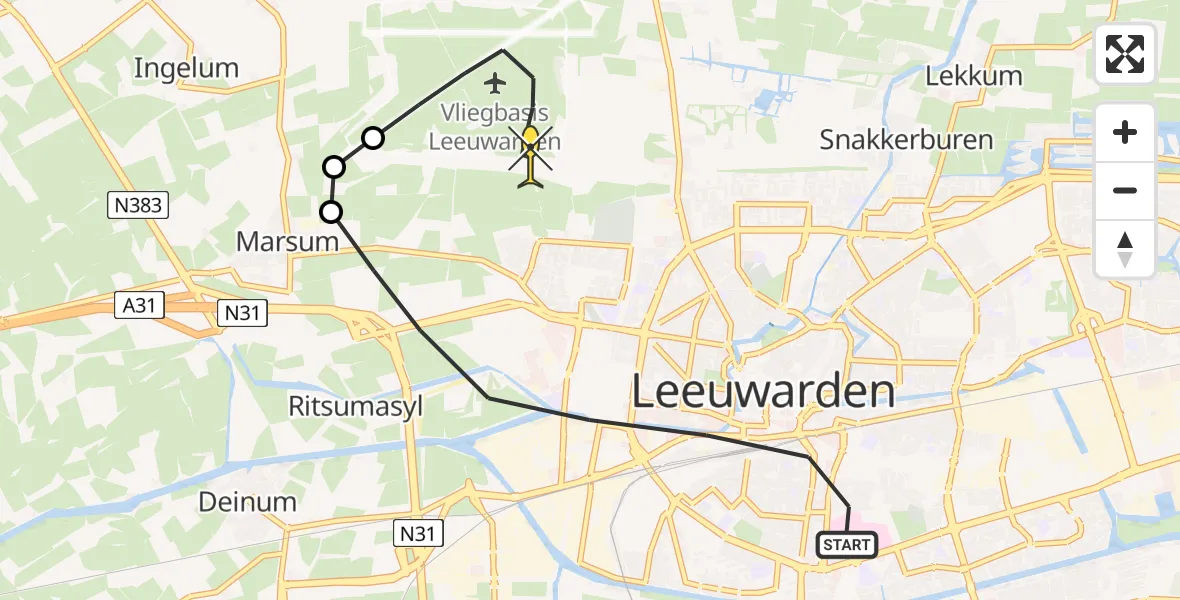 Routekaart van de vlucht: Ambulancehelikopter naar Vliegbasis Leeuwarden, Raadhuisstraat