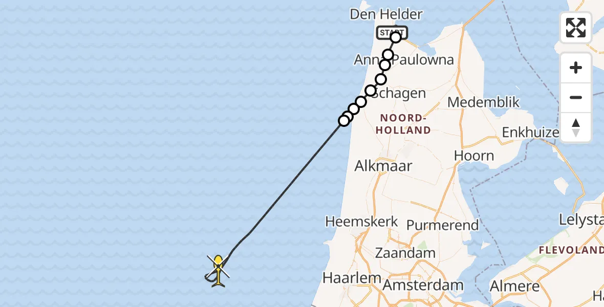 Routekaart van de vlucht: Kustwachthelikopter naar Balgzanddijk