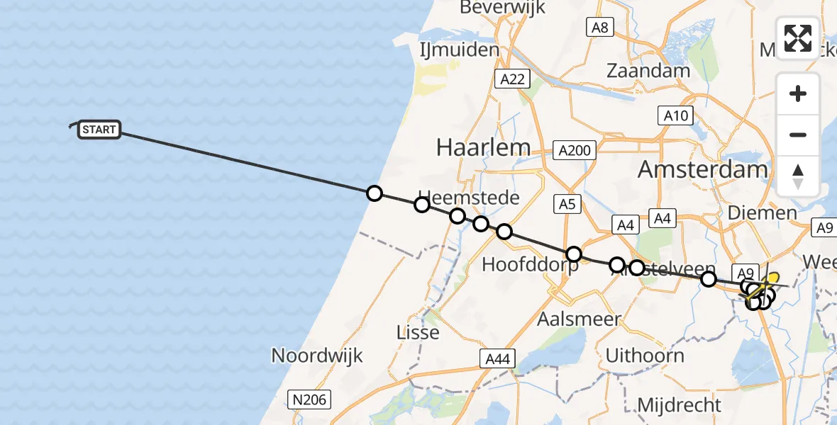 Routekaart van de vlucht: Kustwachthelikopter naar Academisch Medisch Centrum (AMC), Helipad