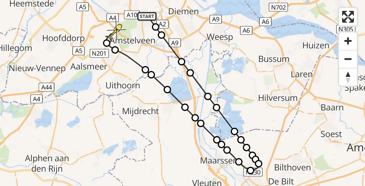 Vluchtroute Politiehelikopter van Amsterdam naar Schiphol