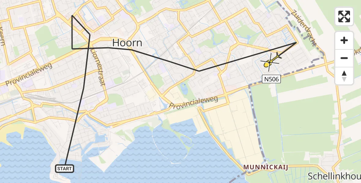 Routekaart van de vlucht: Politieheli naar Hoorn, Drieboomlaan