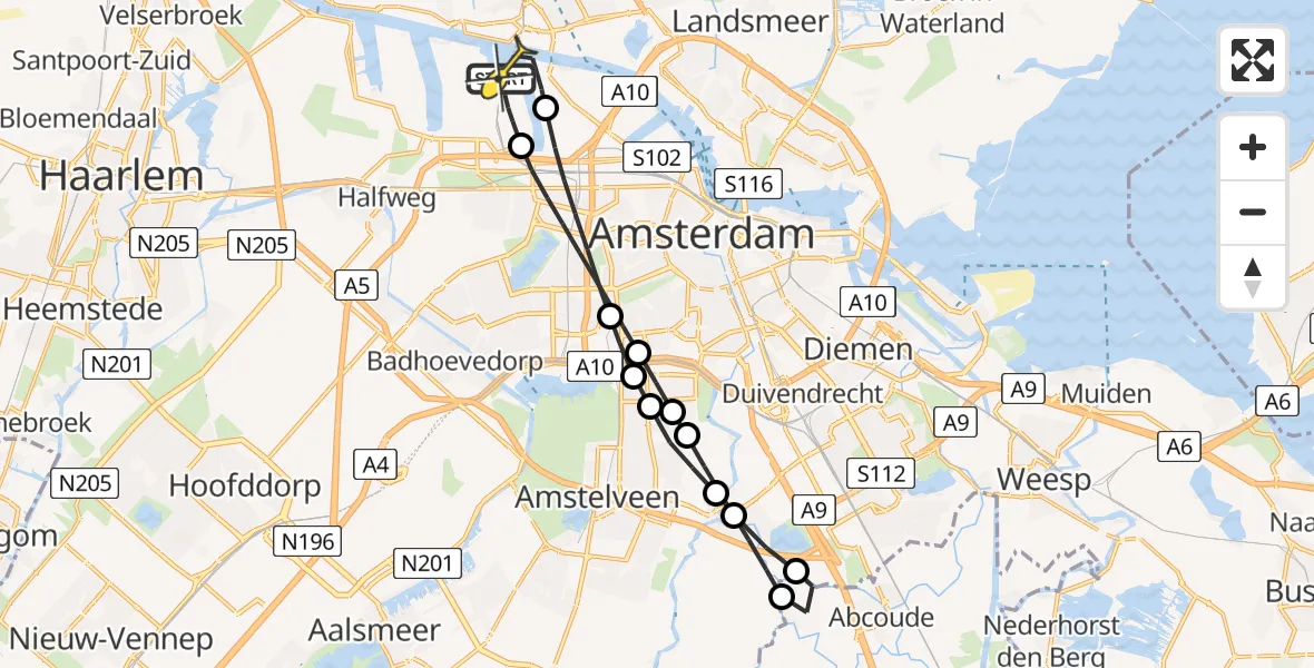 Routekaart van de vlucht: Lifeliner 1 naar Amsterdam Heliport, Corsicaweg
