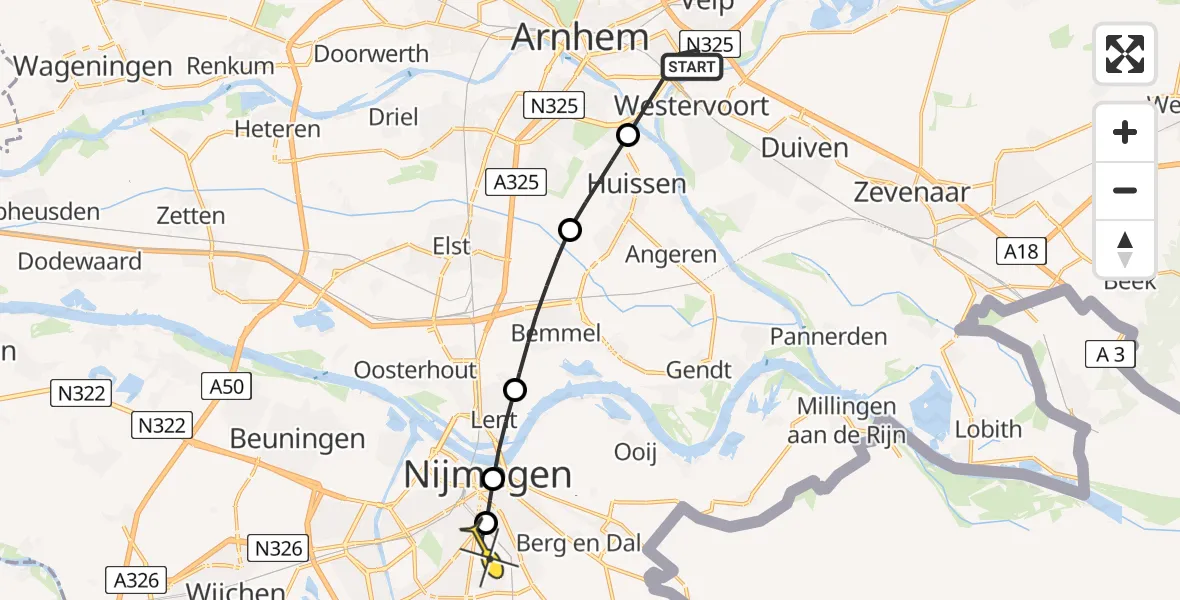 Routekaart van de vlucht: Lifeliner 1 naar Radboud Universitair Medisch Centrum, Bethaniënstraat