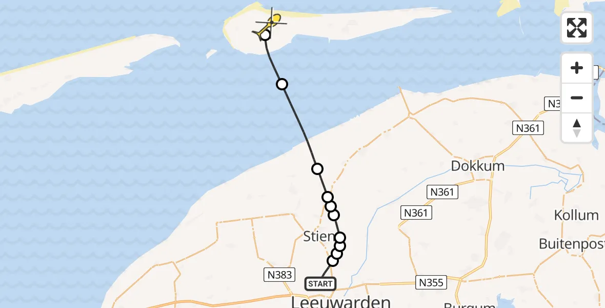 Routekaart van de vlucht: Ambulanceheli naar Ameland Airport Ballum, Keegsdijkje