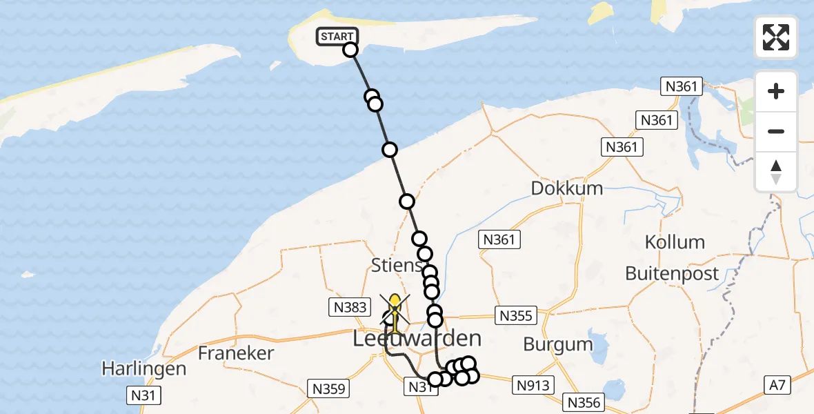 Routekaart van de vlucht: Ambulancehelikopter naar Vliegbasis Leeuwarden, Smitteweg