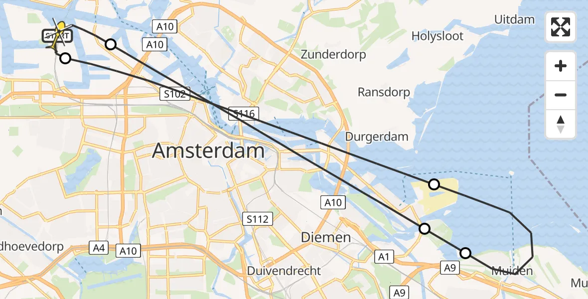 Routekaart van de vlucht: Lifeliner 1 naar Amsterdam Heliport, Westhavenweg
