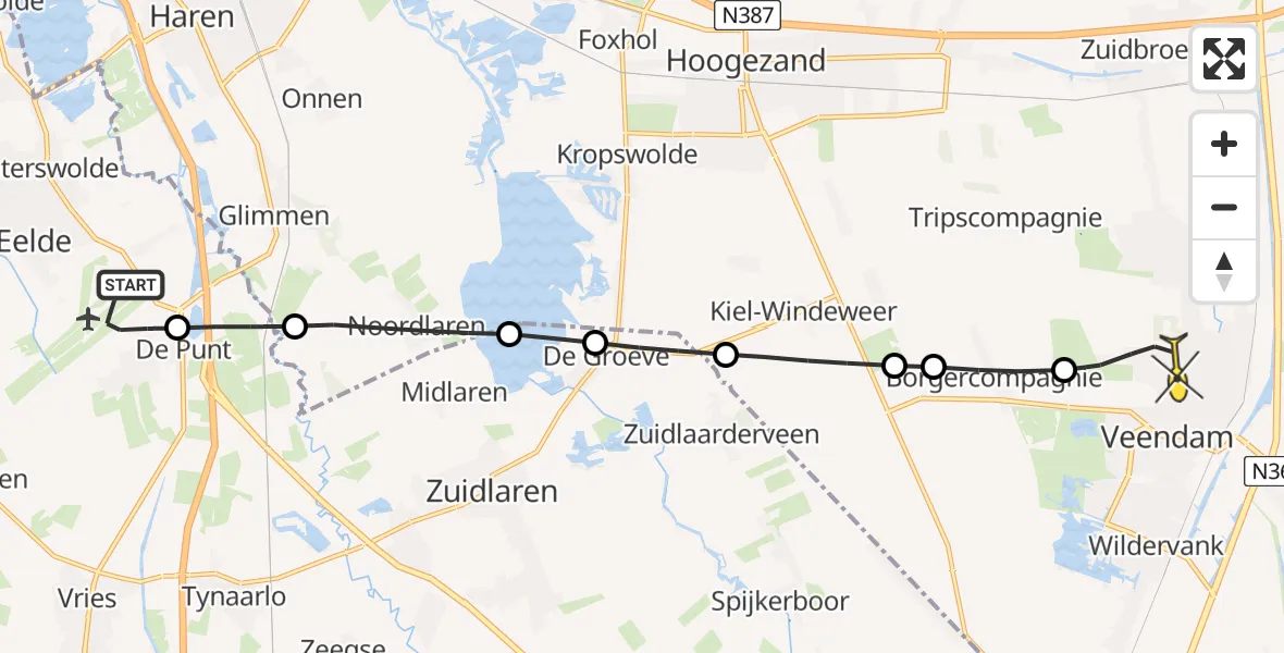 Routekaart van de vlucht: Lifeliner 4 naar Veendam, Vissersweg