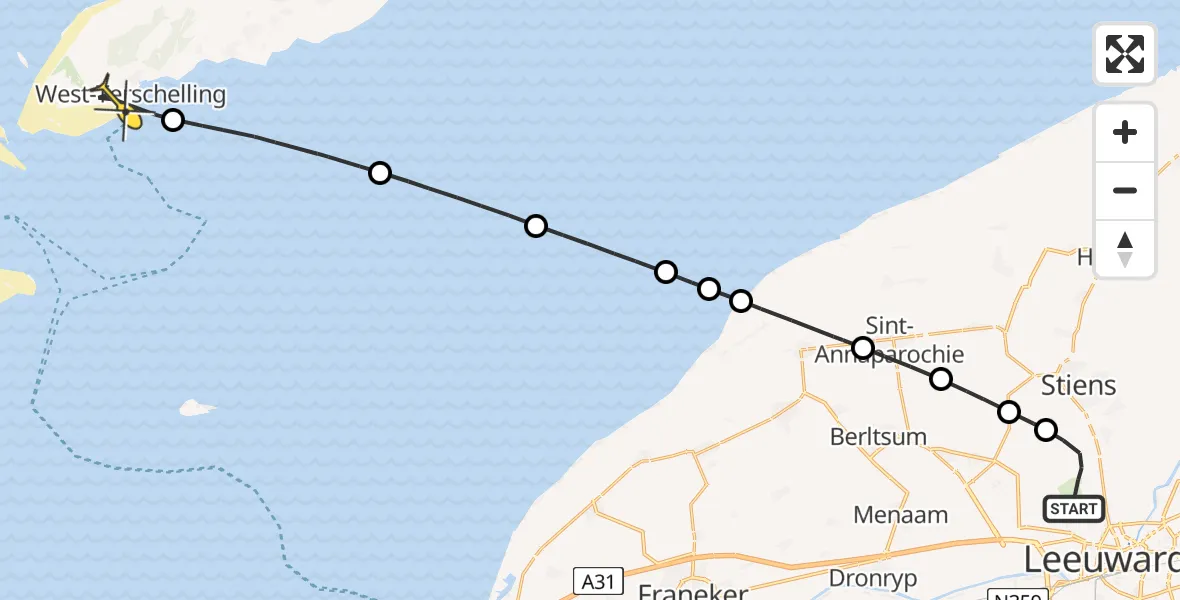 Routekaart van de vlucht: Ambulanceheli naar West-Terschelling, Koarnjumer Feart