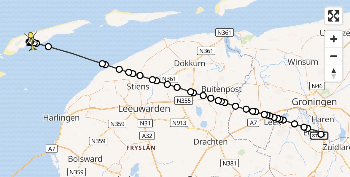 Routekaart van de vlucht: Lifeliner 4 naar Midsland, Oosterbroek