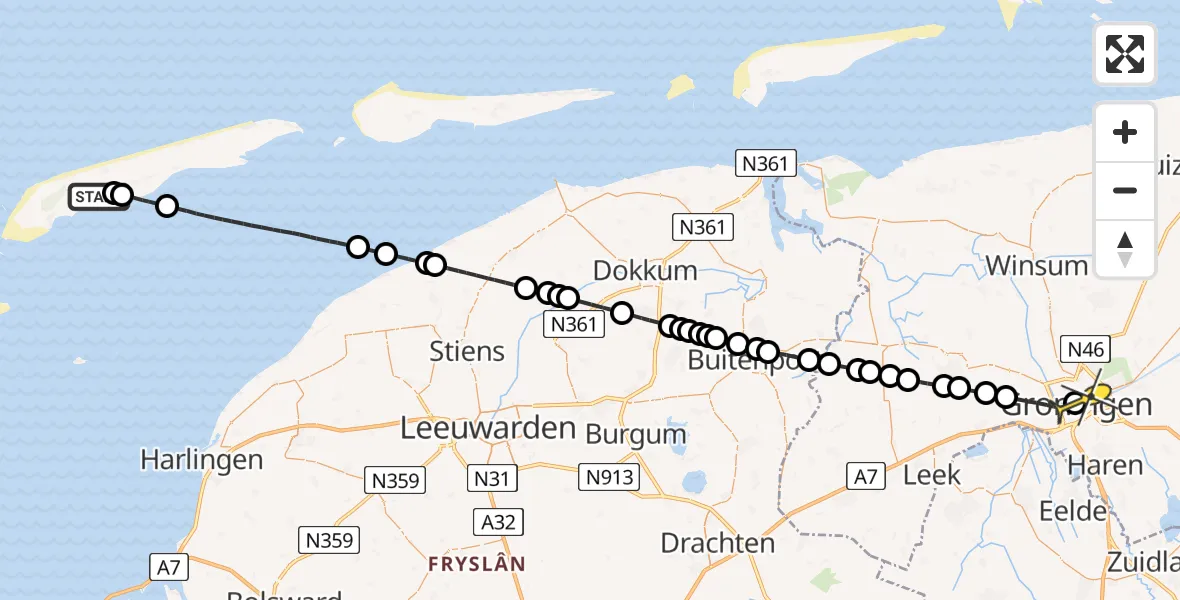 Routekaart van de vlucht: Lifeliner 4 naar Universitair Medisch Centrum Groningen, Kallandspad