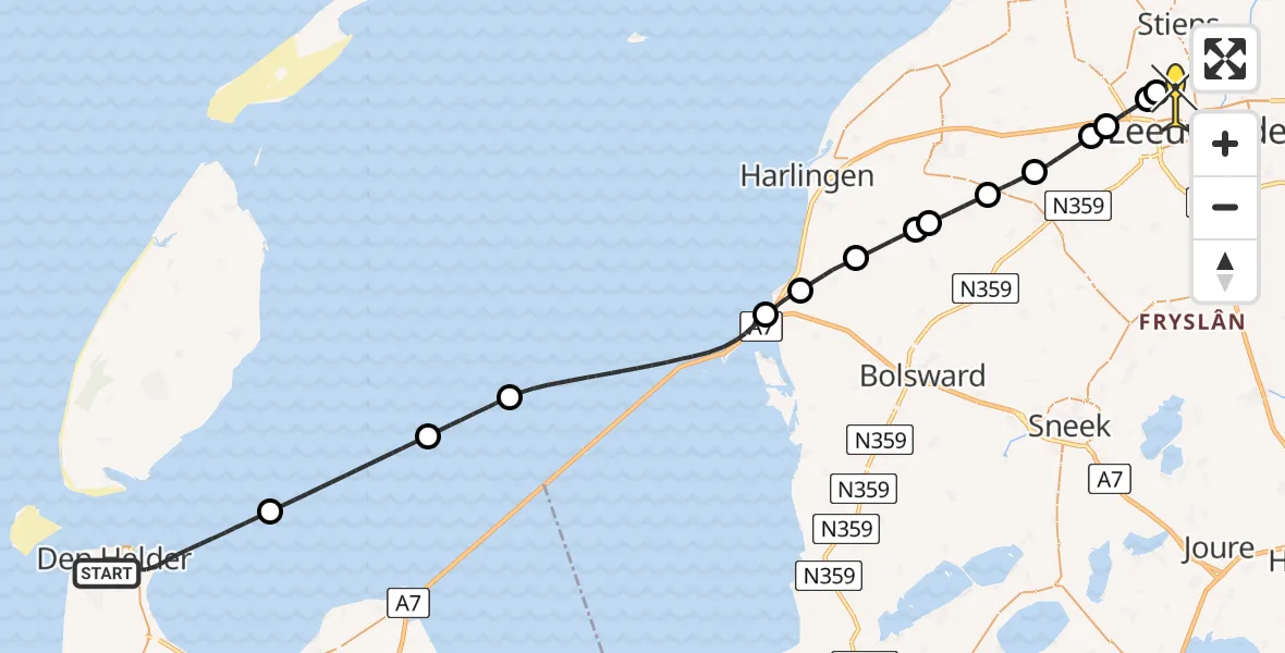 Routekaart van de vlucht: Ambulancehelikopter naar Vliegbasis Leeuwarden, Ruyghweg