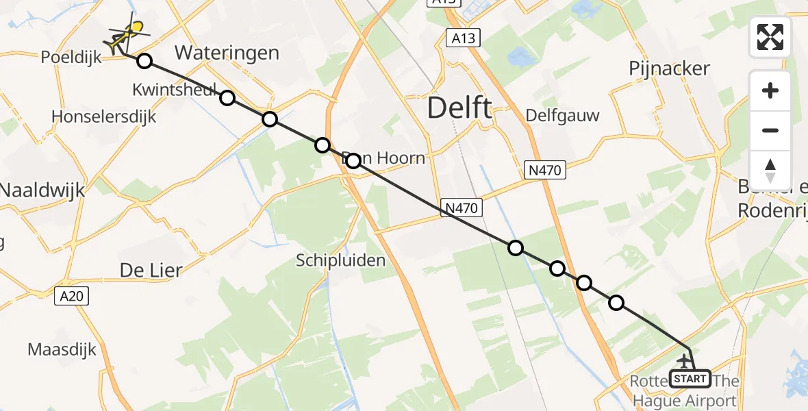 Routekaart van de vlucht: Lifeliner 2 naar Poeldijk, Schieveense polder