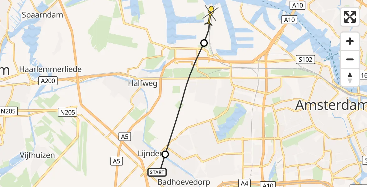 Routekaart van de vlucht: Lifeliner 1 naar Amsterdam Heliport, Fogostraat