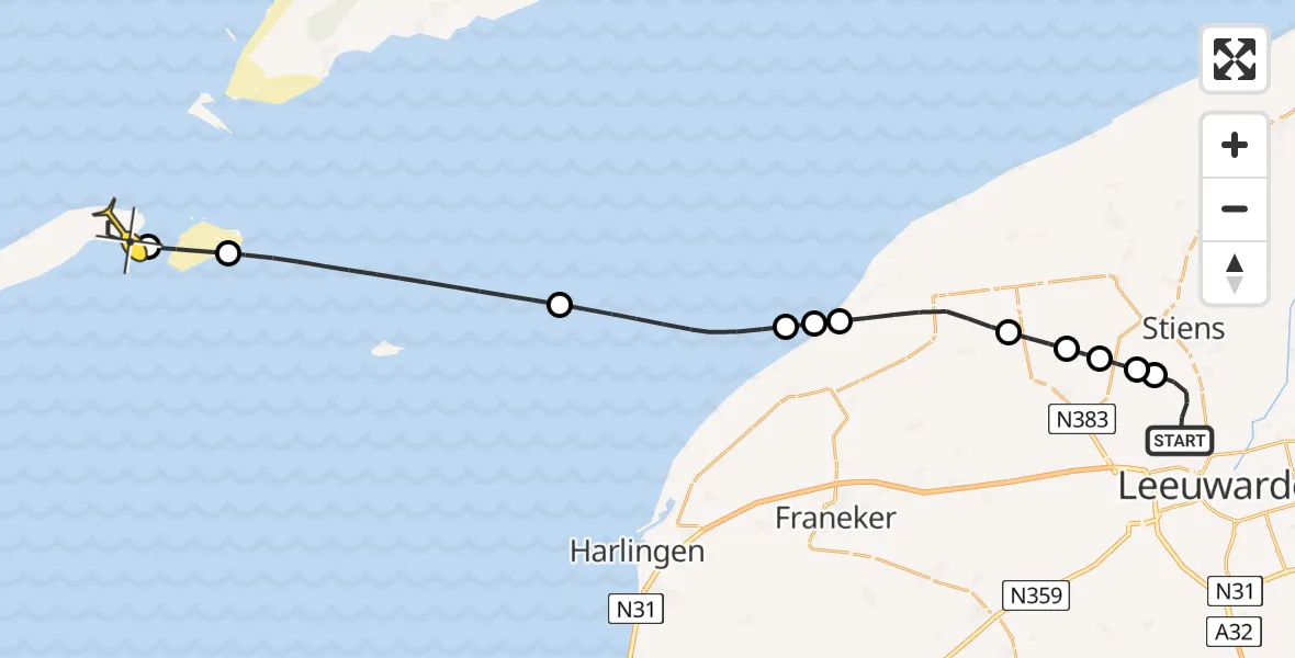 Routekaart van de vlucht: Ambulancehelikopter naar Vlieland Heliport, Piter Rindertsreedsje