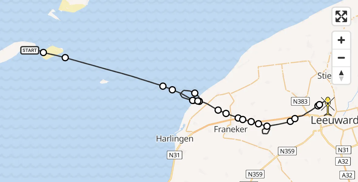 Routekaart van de vlucht: Ambulanceheli naar Vliegbasis Leeuwarden, Korenmansweg