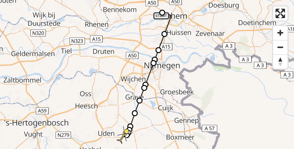 Routekaart van de vlucht: Lifeliner 3 naar Vliegbasis Volkel, Amsterdamseweg