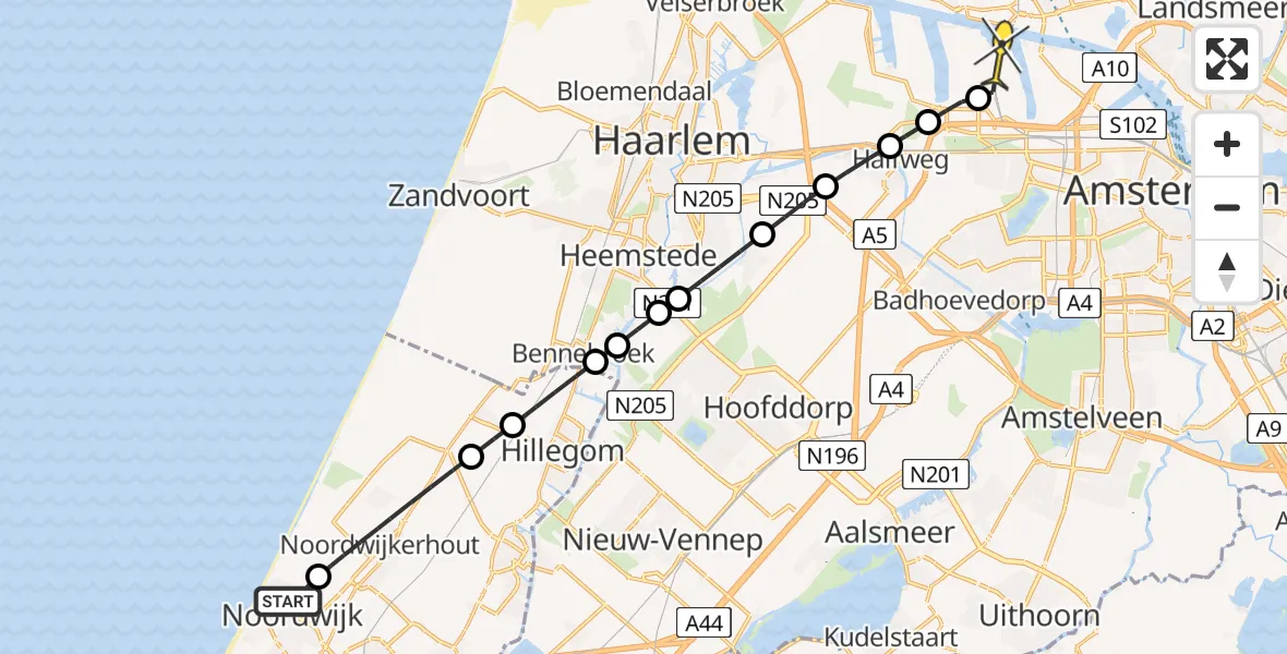 Routekaart van de vlucht: Lifeliner 1 naar Amsterdam Heliport, Duinweg