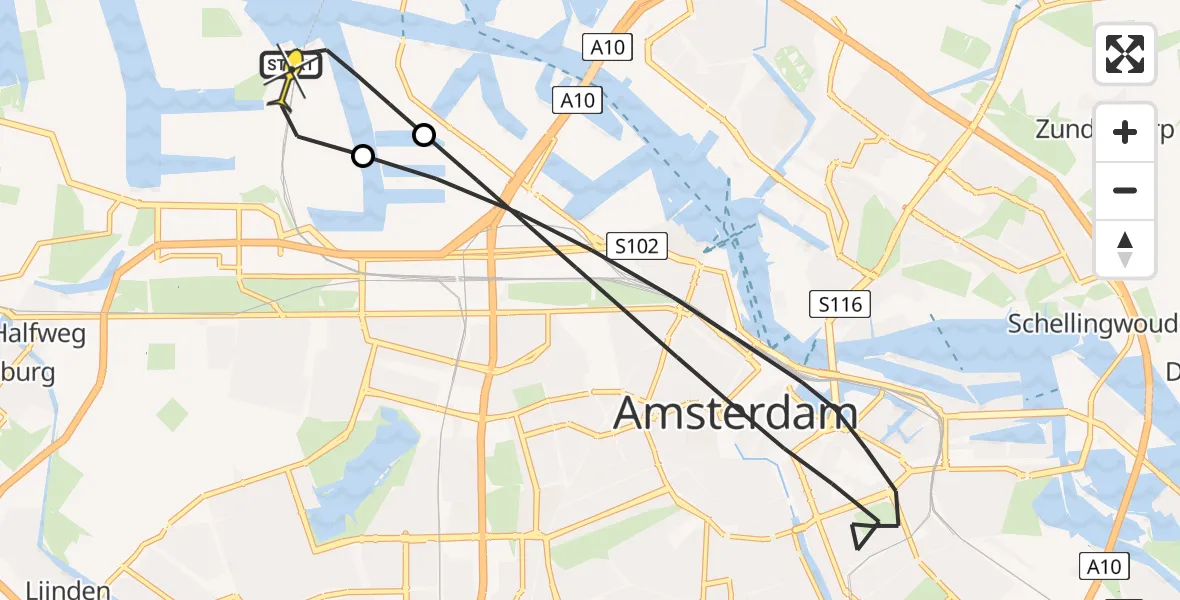 Routekaart van de vlucht: Lifeliner 1 naar Amsterdam Heliport, Westhavenweg