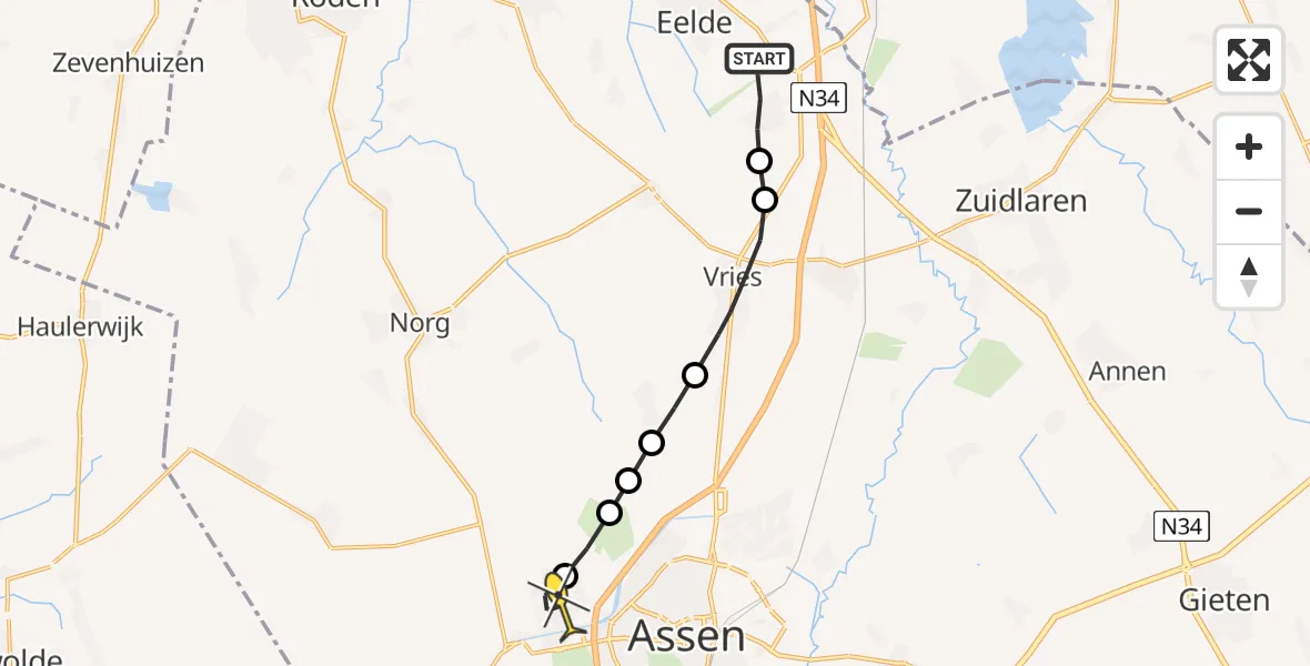 Routekaart van de vlucht: Lifeliner 4 naar Assen, Noordesstraat