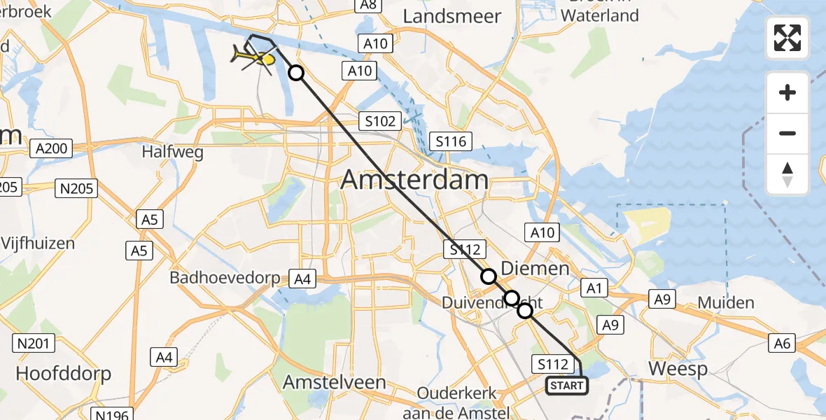Routekaart van de vlucht: Lifeliner 1 naar Amsterdam Heliport, Lopikhof