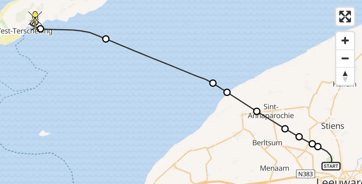 Routekaart van de vlucht: Ambulancehelikopter naar West-Terschelling, Keegsdijkje