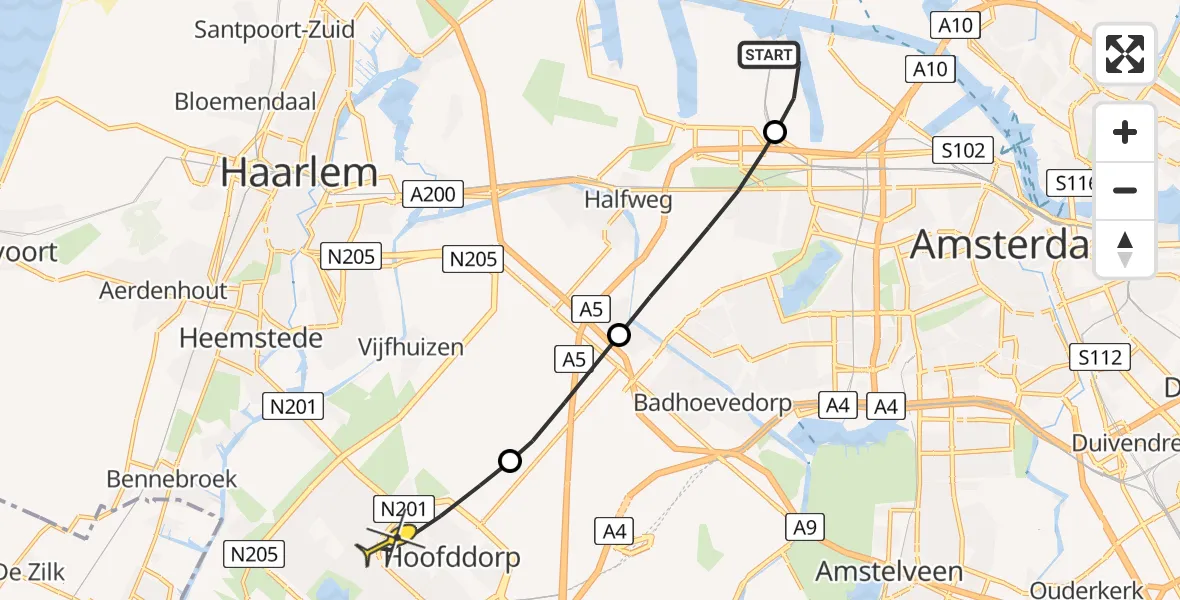 Routekaart van de vlucht: Lifeliner 1 naar Hoofddorp, Corsicaweg
