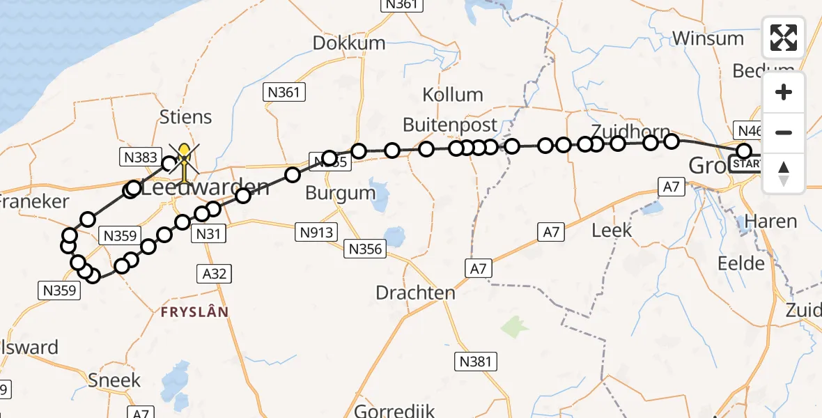 Vluchtroute Ambulancehelikopter van Universitair Medisch Centrum Groningen naar Vliegbasis Leeuwarden