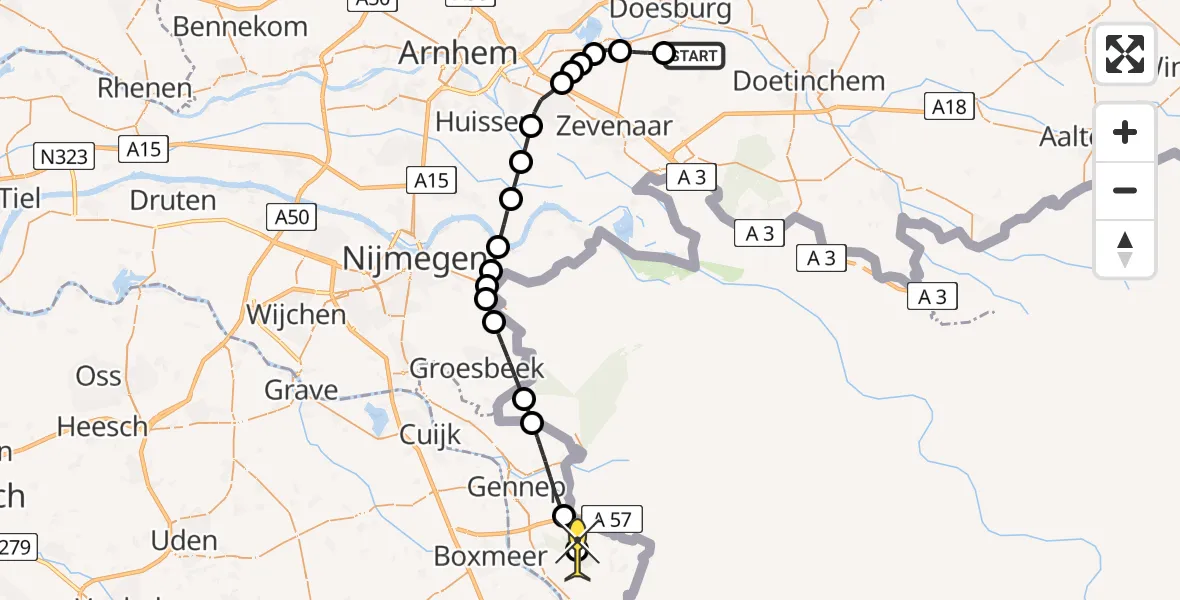 Routekaart van de vlucht: Politiehelikopter naar Afferden, Ganzepoelweg