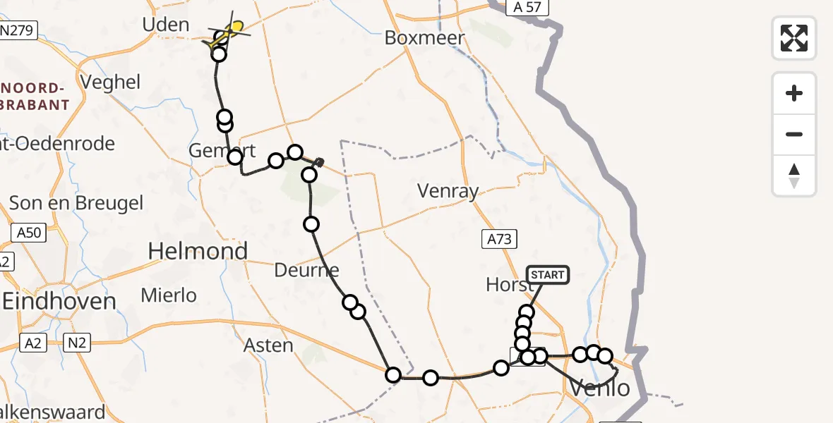 Routekaart van de vlucht: Politiehelikopter naar Vliegbasis Volkel, Nieuw Erf