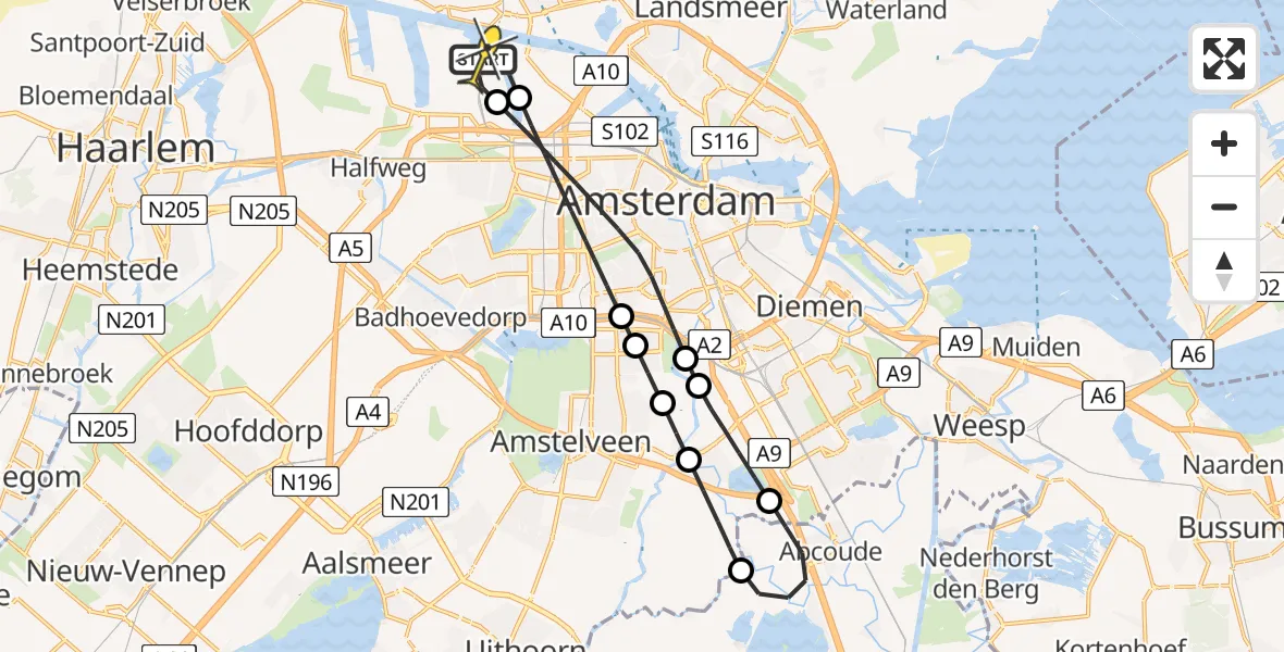 Routekaart van de vlucht: Lifeliner 1 naar Amsterdam Heliport, Kompasweg