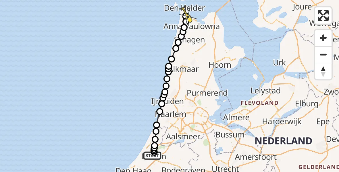 Routekaart van de vlucht: Kustwachthelikopter naar Vliegveld De Kooy, Tweelingstraat