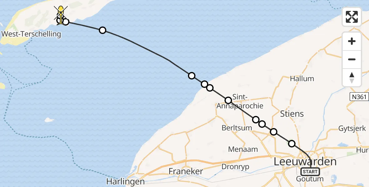 Routekaart van de vlucht: Ambulancehelikopter naar Midsland, Borniastraat
