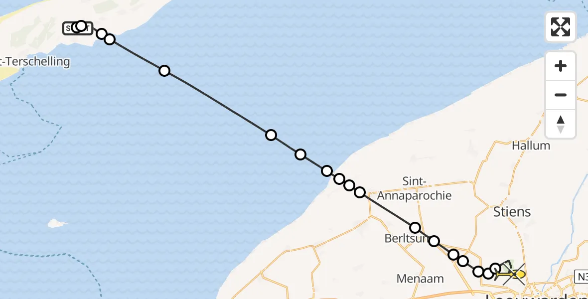 Routekaart van de vlucht: Ambulancehelikopter naar Vliegbasis Leeuwarden, Hornsjildeweg