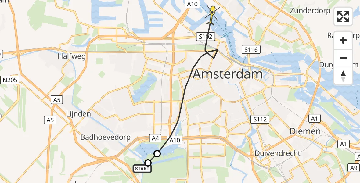 Routekaart van de vlucht: Politiehelikopter naar Amsterdam, Polder Meerzicht