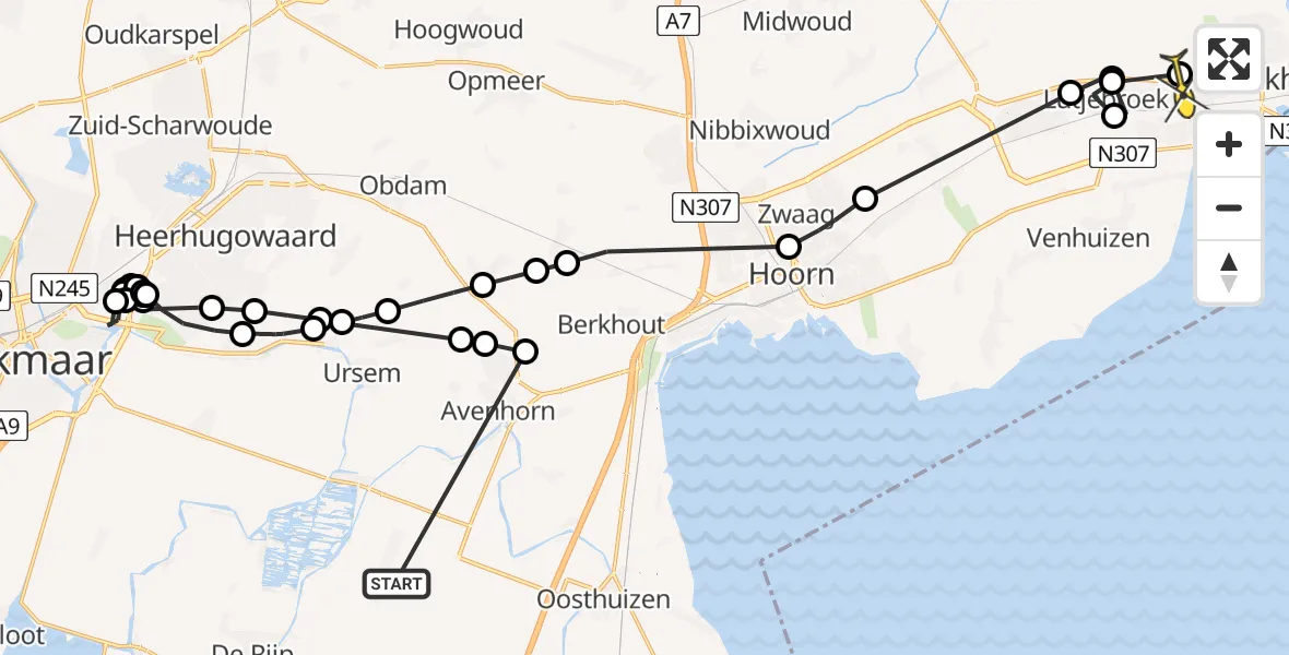 Routekaart van de vlucht: Politiehelikopter naar Bovenkarspel, Langelaansloot