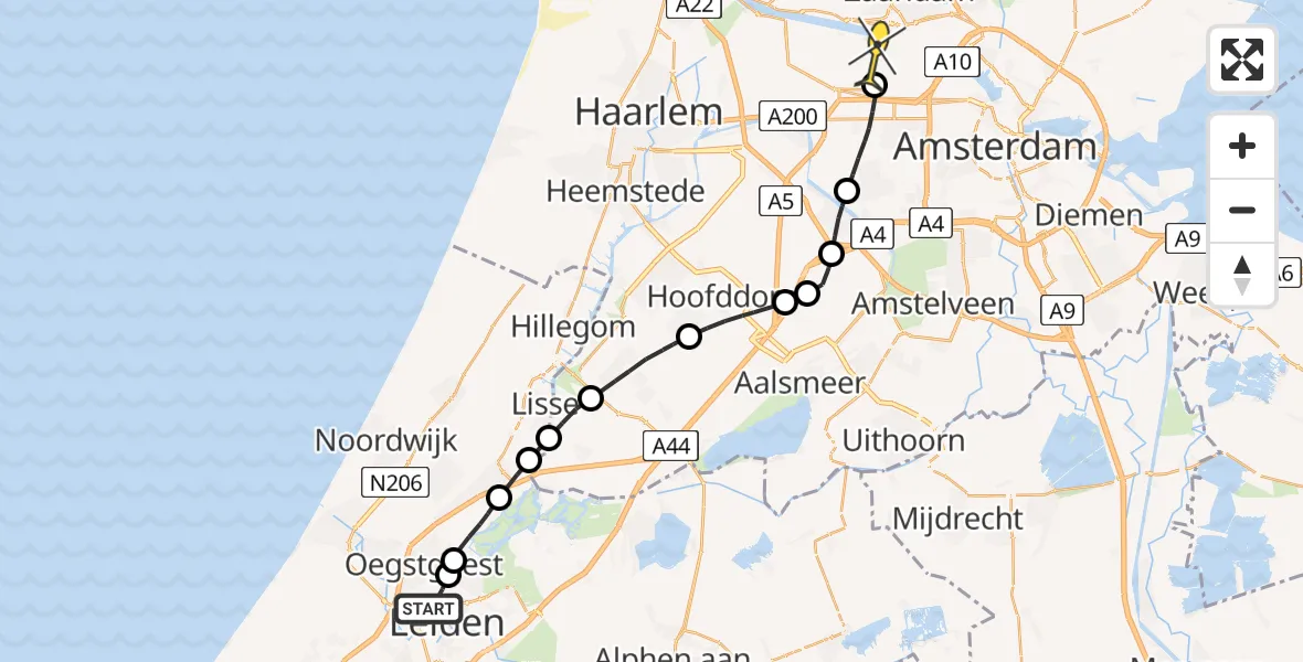 Routekaart van de vlucht: Lifeliner 1 naar Amsterdam Heliport, Oegstgeesterweg