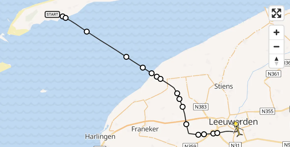 Routekaart van de vlucht: Ambulanceheli naar Leeuwarden, Hornsjildeweg