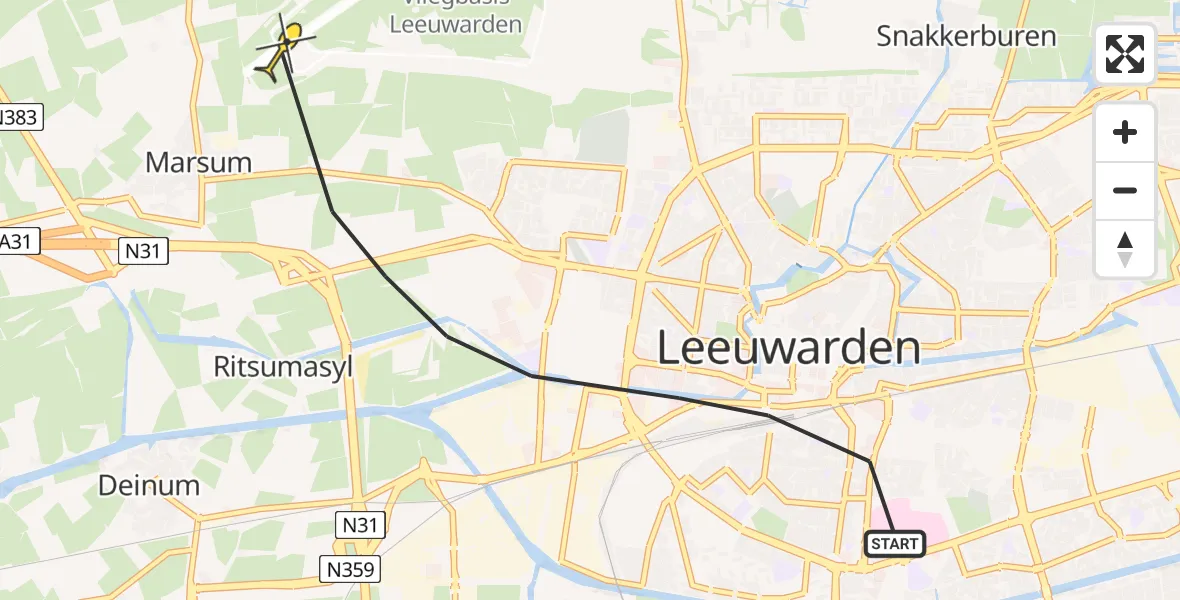 Routekaart van de vlucht: Ambulancehelikopter naar Leeuwarden, Stationsplein