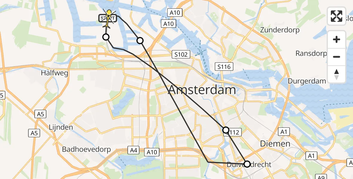 Routekaart van de vlucht: Lifeliner 1 naar Amsterdam Heliport, Westhavenweg