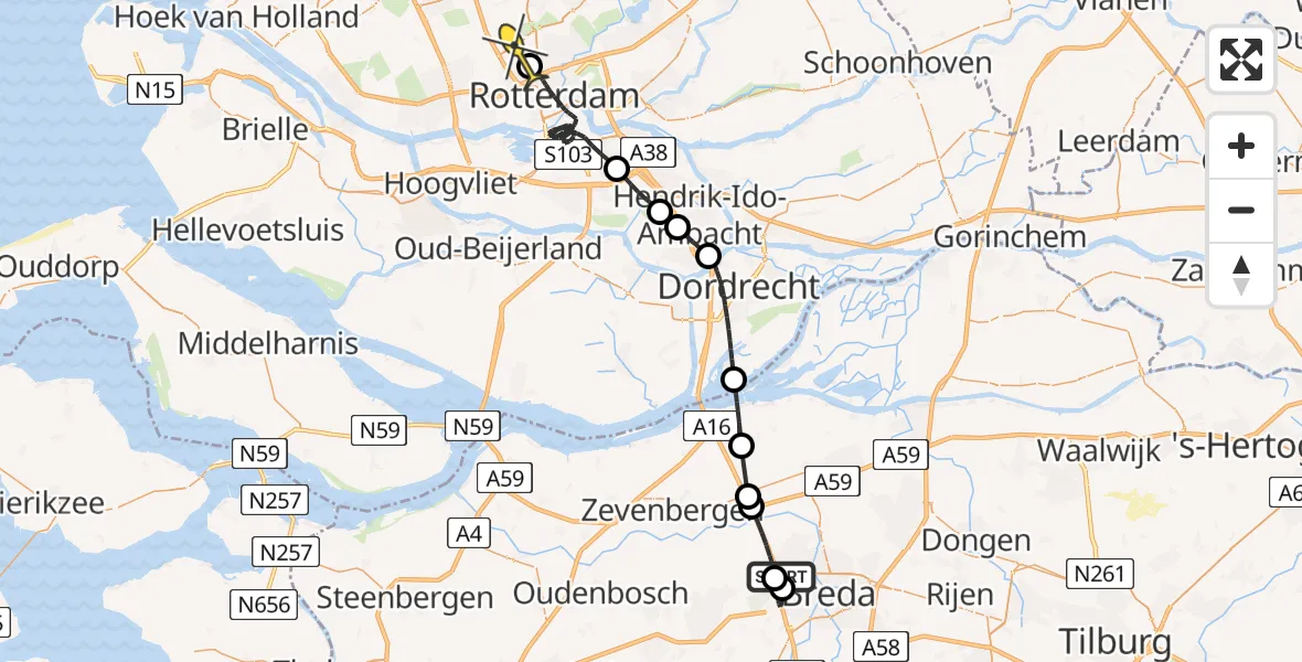 Routekaart van de vlucht: Politieheli naar Rotterdam The Hague Airport, GSM-R