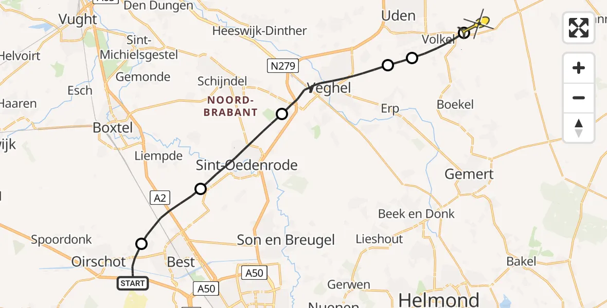 Routekaart van de vlucht: Politiehelikopter naar Vliegbasis Volkel, De Braken