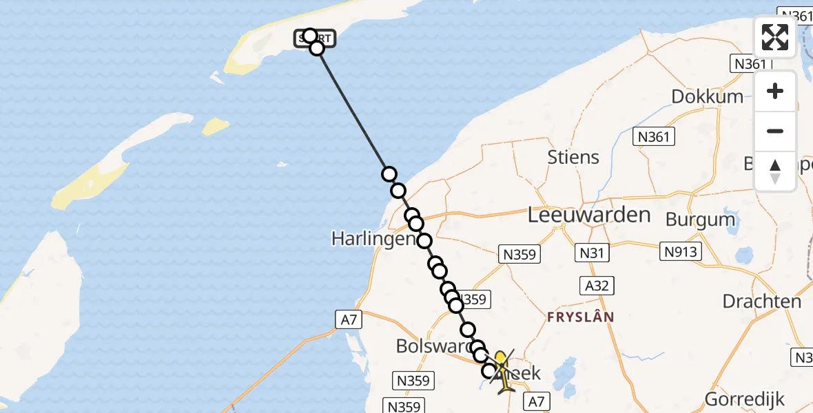 Routekaart van de vlucht: Ambulancehelikopter naar Sneek, Oosterleenweg