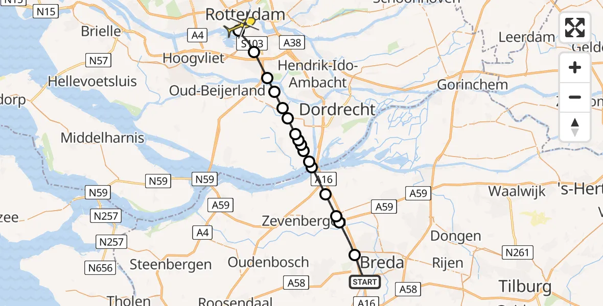 Routekaart van de vlucht: Lifeliner 3 naar Erasmus MC, Princenhagelaan