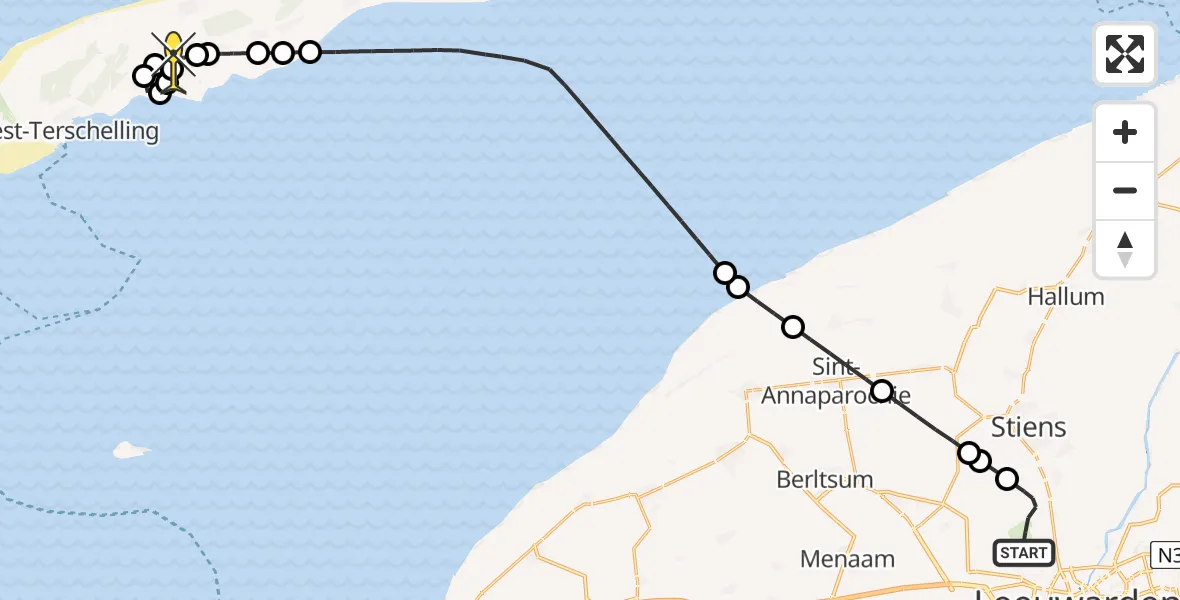 Routekaart van de vlucht: Ambulancehelikopter naar Midsland, Keegsdijkje