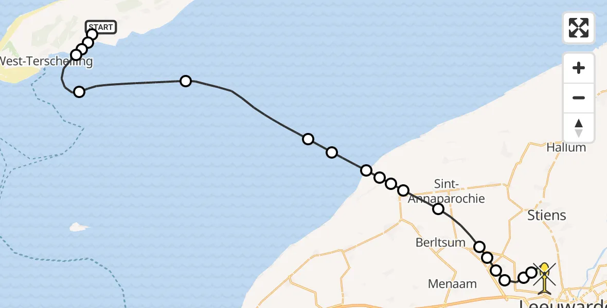 Routekaart van de vlucht: Ambulancehelikopter naar Vliegbasis Leeuwarden, Wieringerstraat