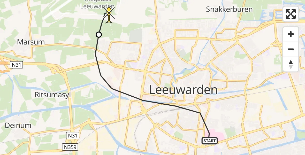 Routekaart van de vlucht: Ambulanceheli naar Vliegbasis Leeuwarden, Zuidersingel