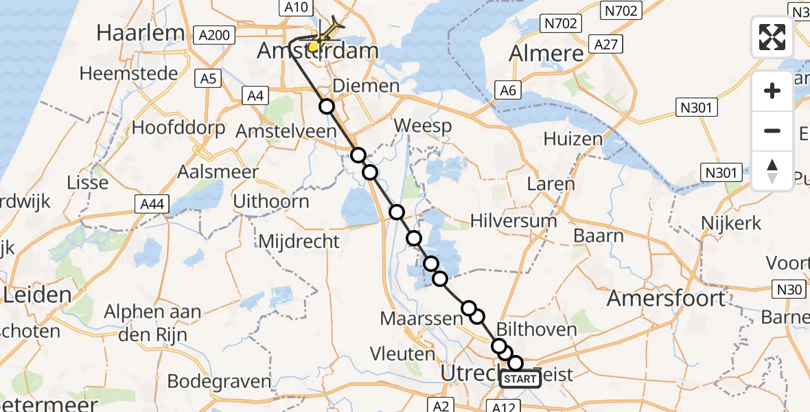 Routekaart van de vlucht: Lifeliner 1 naar Amsterdam, KNMI meetveld