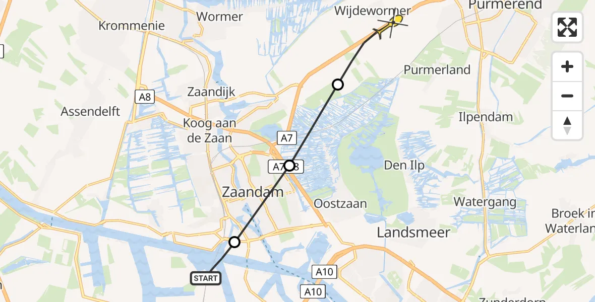 Routekaart van de vlucht: Lifeliner 1 naar Wijdewormer, Cornelis Bruijnzeelweg