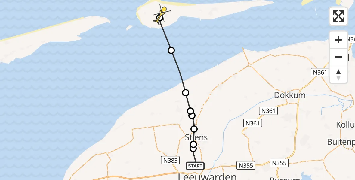 Routekaart van de vlucht: Ambulanceheli naar Ameland Airport Ballum, Keegsdijkje