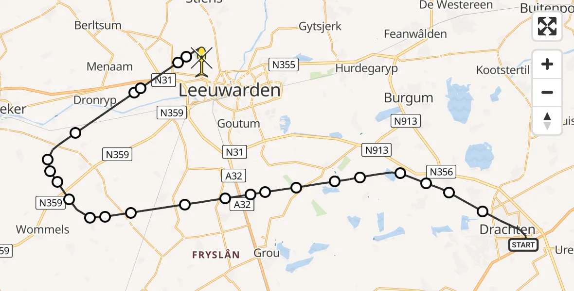 Routekaart van de vlucht: Ambulancehelikopter naar Vliegbasis Leeuwarden, Uthôf
